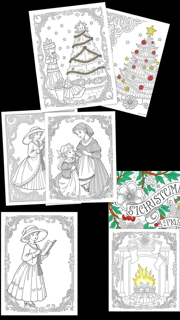 A selection of Victorian Christmas coloring pages showcasing festive holiday scenes.